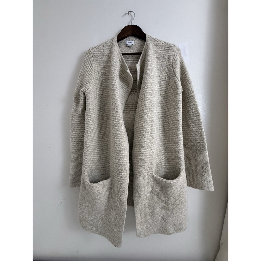 Old Navy Women S Open Front Long Cardigan Sweater Beige Knit Pockets Cozy
